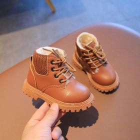 Winter Plush Kids Martin Boots Fashion Leather Shoes for Toddlers Baby Boy Girl Warm Soft Antislip Casual Short Boots Kids Shoes (Color: Brown, size: 21 (insole 13cm))