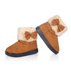 Sweet Bow Girls Shoes Winter Warm Ankle Boots Plush Baby Gril Princess Snow Boots Non-slip Casual Kids Cotton Shoes Size 21-30 (Color: Brown, size: 30(Insole 18.5cm))