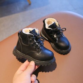 Winter Plush Kids Martin Boots Fashion Leather Shoes for Toddlers Baby Boy Girl Warm Soft Antislip Casual Short Boots Kids Shoes (Color: Black, size: 26(Insole 15.5cm))