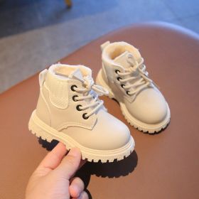 Winter Plush Kids Martin Boots Fashion Leather Shoes for Toddlers Baby Boy Girl Warm Soft Antislip Casual Short Boots Kids Shoes (Color: Beige, size: 23 (insole 14cm))