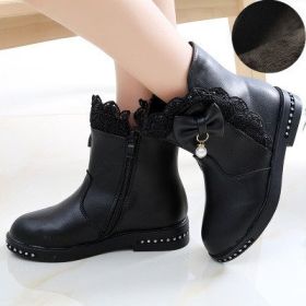 Girls Boots Fashion Rhinestone Bow Leather Ankle Boots Winter Plush Warm Big Girl Snow Boots Flat Casual Kids Shoes Size 27-37 (Color: Black, size: 36(insole 22.2cm))