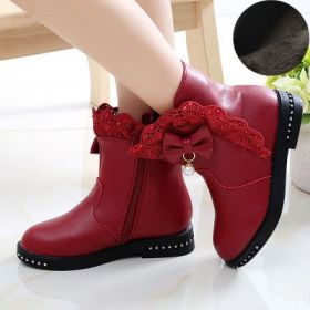 Girls Boots Fashion Rhinestone Bow Leather Ankle Boots Winter Plush Warm Big Girl Snow Boots Flat Casual Kids Shoes Size 27-37 (Color: wine red, size: 35(insole 21.6cm))