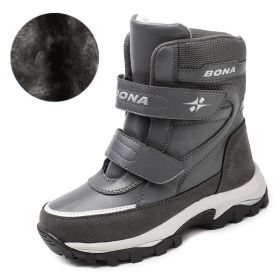 BONA New Arrival Classics Style Children Boots Hook & Loop Boys Winter Shoes Round Toe Girls Snow Boots Light Free Shipping (Color: DARK GRAY  PLUSH, size: 4.5)