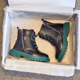 New Autumn Winter Korean Patent Leather Low Heels Boots Children's Shoes Girls Short Boots Casual Side Zipper Kids Boot E08153 (Color: Green, size: 33)